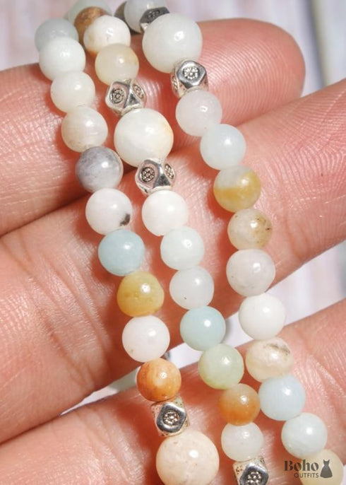 Boho Bracelet, Layers Green Amazonite Mala Mantra Lotus